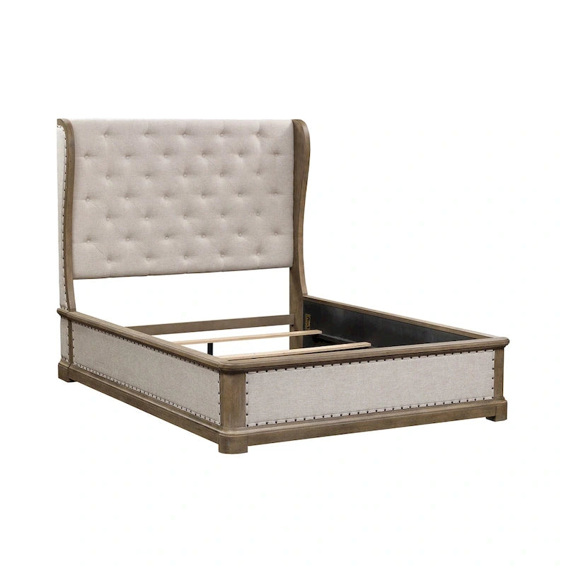 Shelter Bed with Upholstered Panels, Dusty Taupe Finish, Queen and King