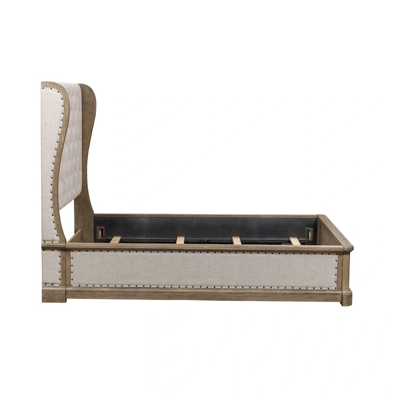 Shelter Bed with Upholstered Panels, Dusty Taupe Finish, Queen and King