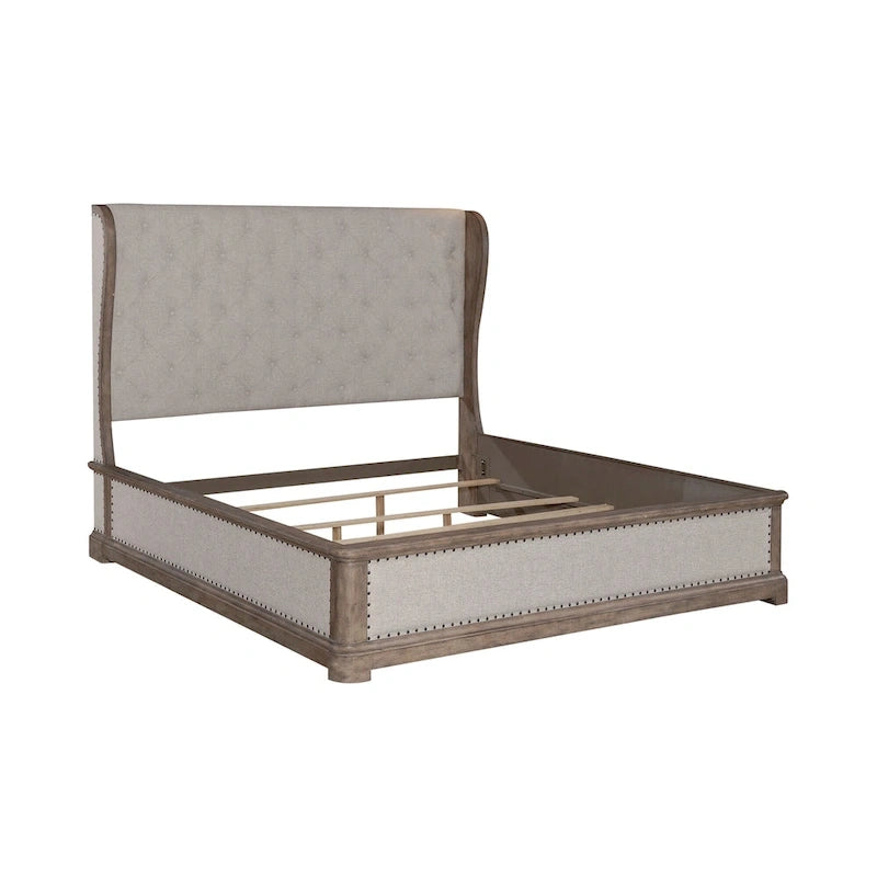 Shelter Bed with Upholstered Panels, Dusty Taupe Finish, Queen and King