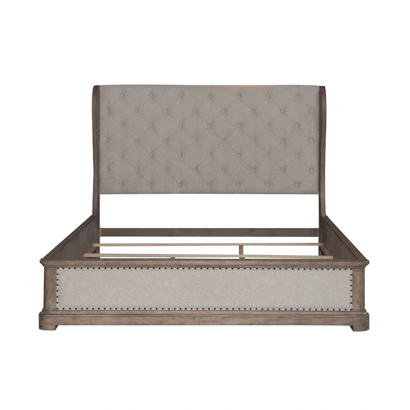 Shelter Bed with Upholstered Panels, Dusty Taupe Finish, Queen and King