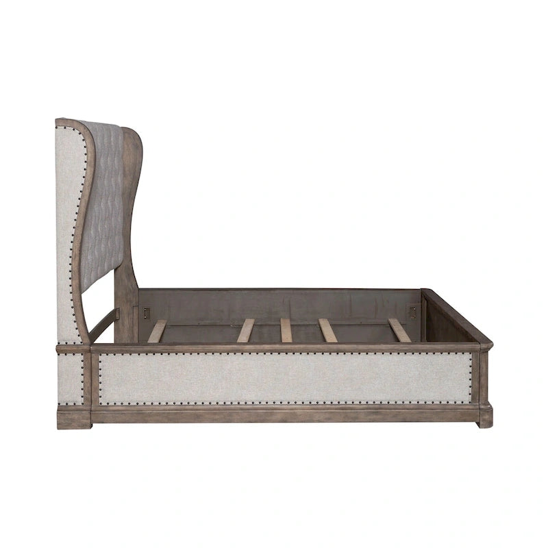 Shelter Bed with Upholstered Panels, Dusty Taupe Finish, Queen and King