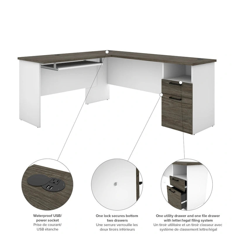 U-Shaped Office Desk with Multiple Drawers, USB Ports and Wire Management