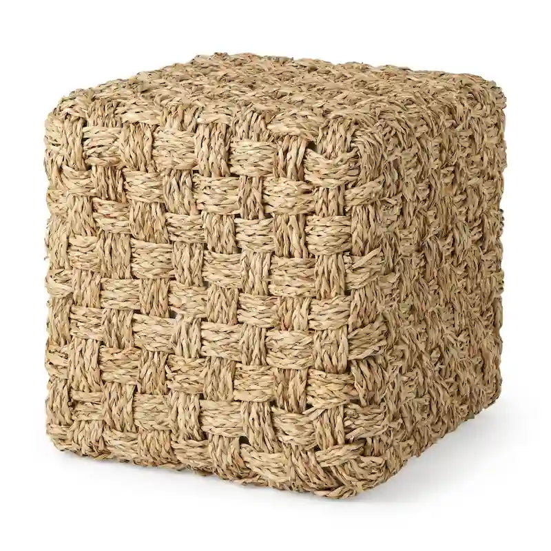 Square Seagrass Woven Pouf in Medium Brown, 17.7 x 17.7 x 17.7 Inches