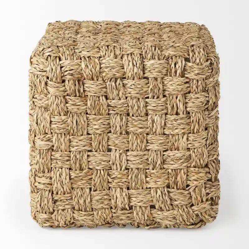 Square Seagrass Woven Pouf in Medium Brown, 17.7 x 17.7 x 17.7 Inches