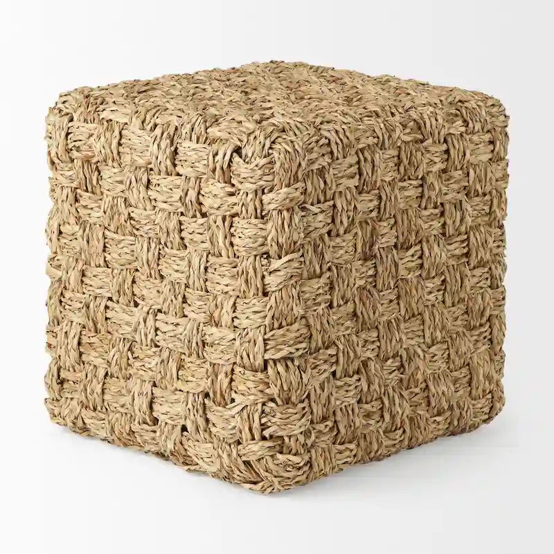 Square Seagrass Woven Pouf in Medium Brown, 17.7 x 17.7 x 17.7 Inches