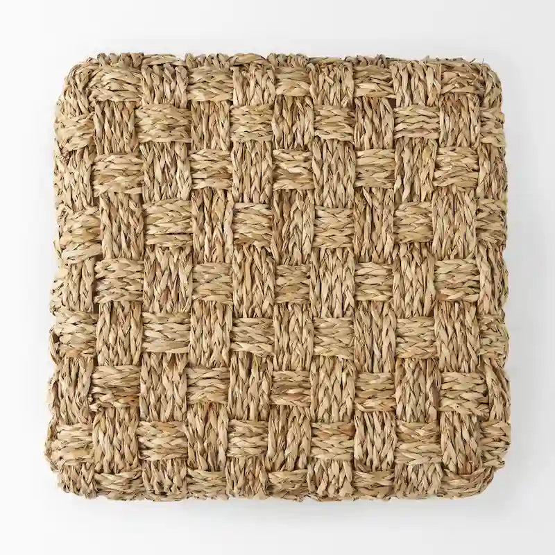 Square Seagrass Woven Pouf in Medium Brown, 17.7 x 17.7 x 17.7 Inches