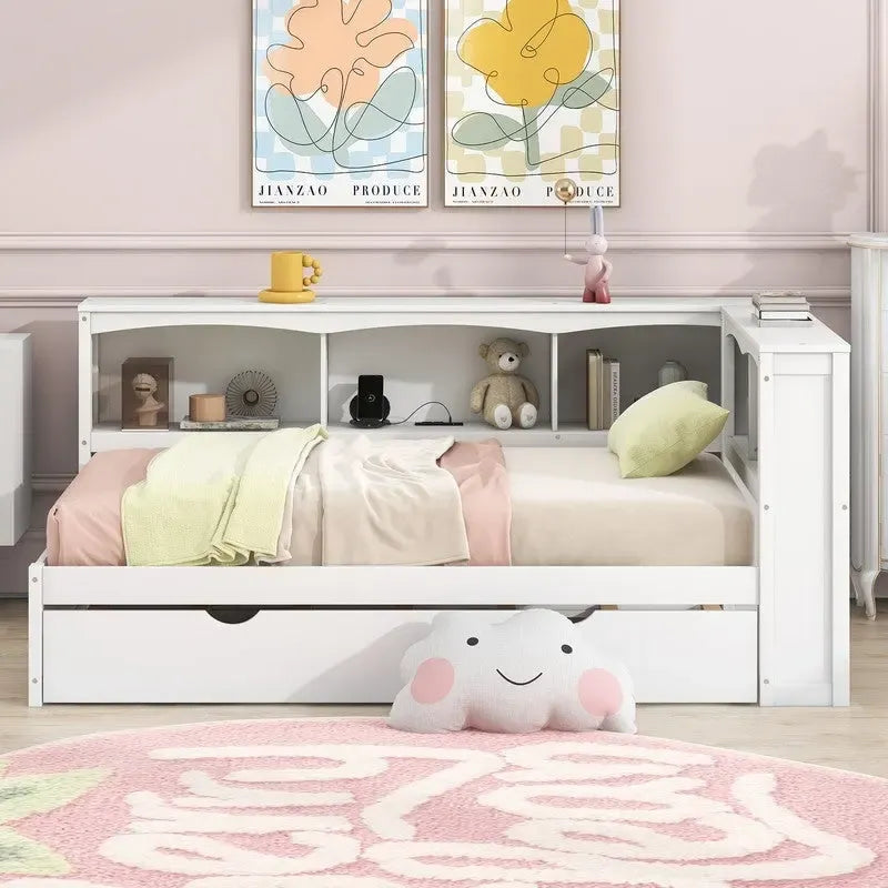 Twin Daybed with Trundle, 5 Storage Cabinets and USB Charging Ports
