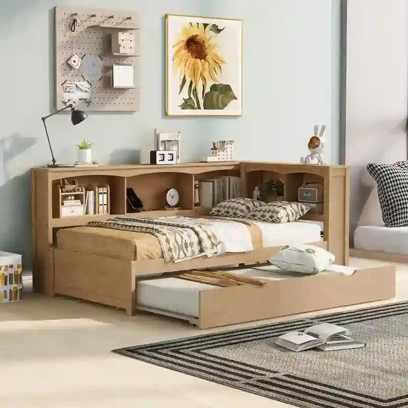Twin Daybed with Trundle, 5 Storage Cabinets and USB Charging Ports
