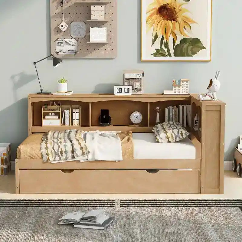 Twin Daybed with Trundle, 5 Storage Cabinets and USB Charging Ports