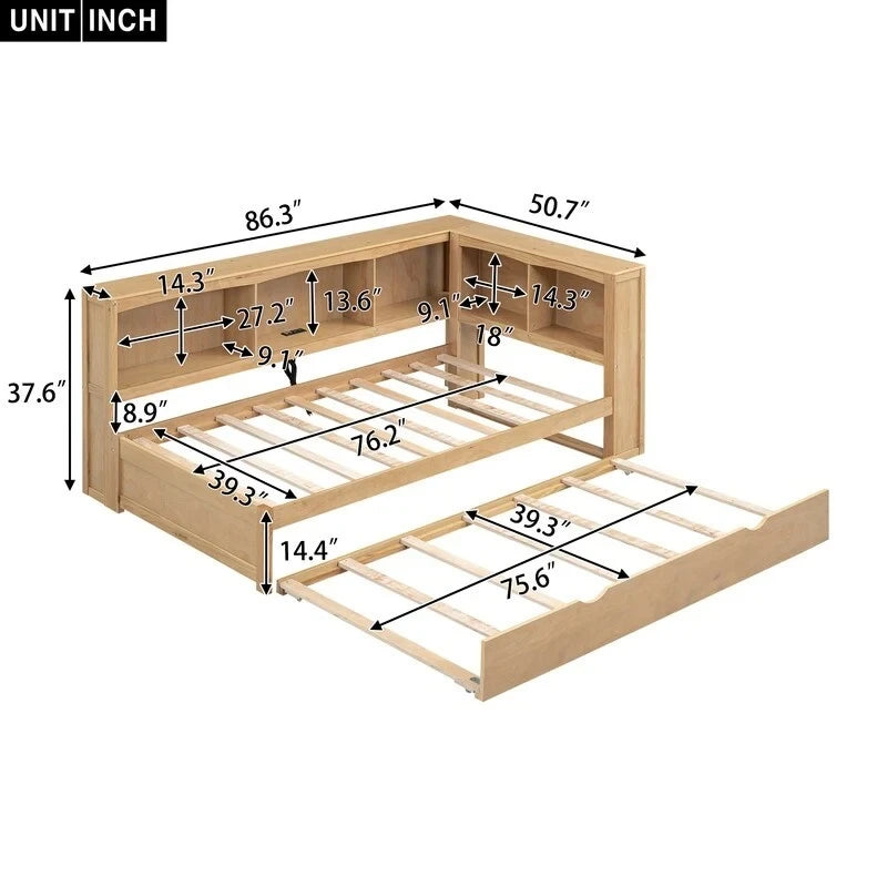 Twin Daybed with Trundle, 5 Storage Cabinets and USB Charging Ports