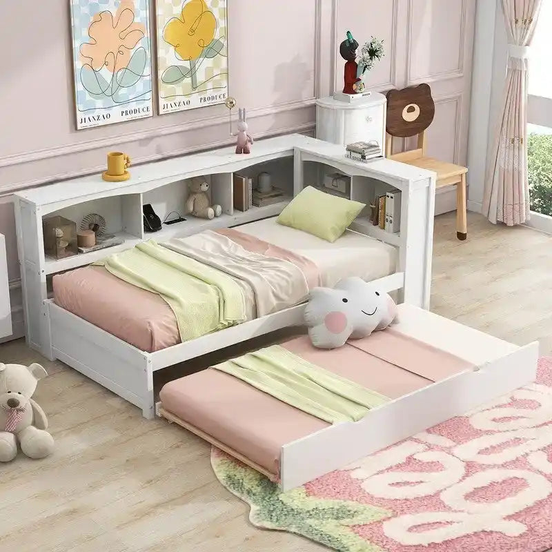 Twin Daybed with Trundle, 5 Storage Cabinets and USB Charging Ports