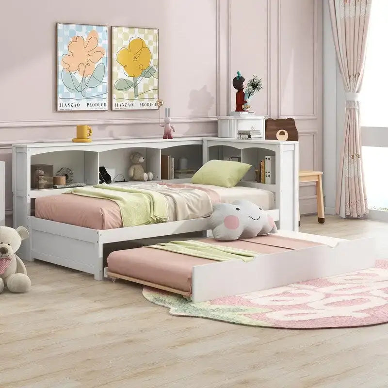 Twin Daybed with Trundle, 5 Storage Cabinets and USB Charging Ports