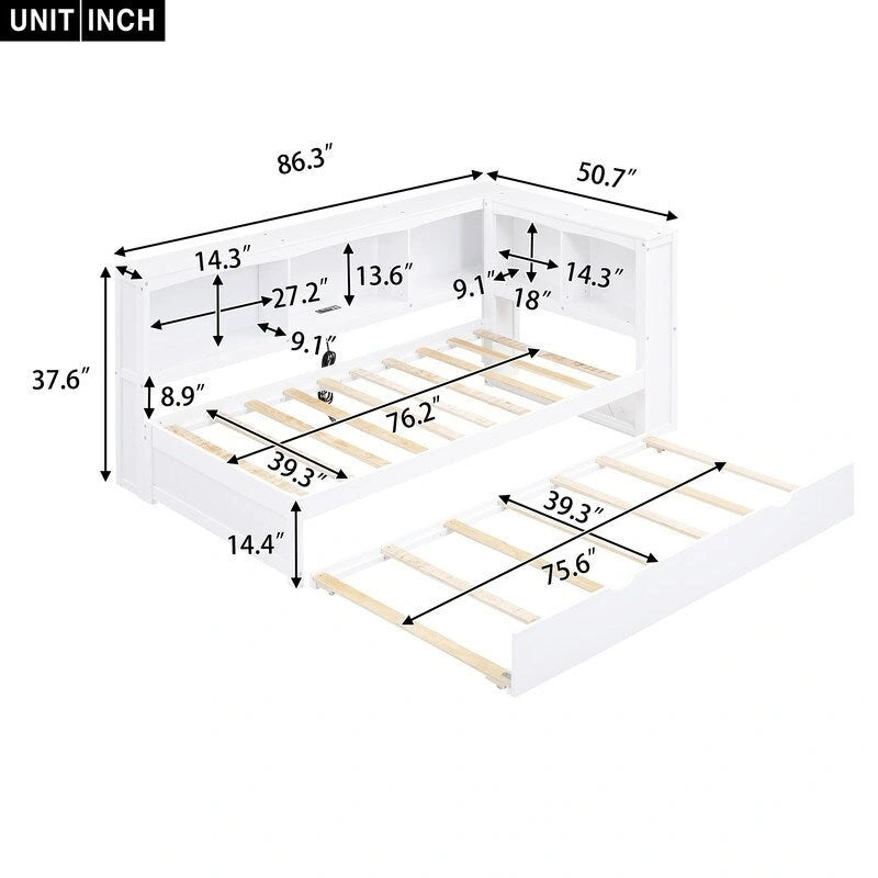 Twin Daybed with Trundle, 5 Storage Cabinets and USB Charging Ports
