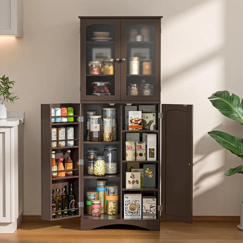 64-Inch Kitchen Storage Pantry Cabinet with Adjustable Shelves and Glass Doors