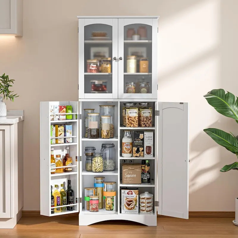 64-Inch Kitchen Storage Pantry Cabinet with Adjustable Shelves and Glass Doors