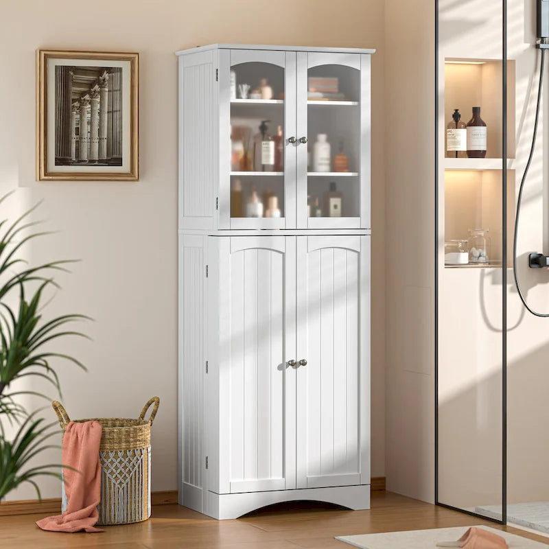 64-Inch Kitchen Storage Pantry Cabinet with Adjustable Shelves and Glass Doors