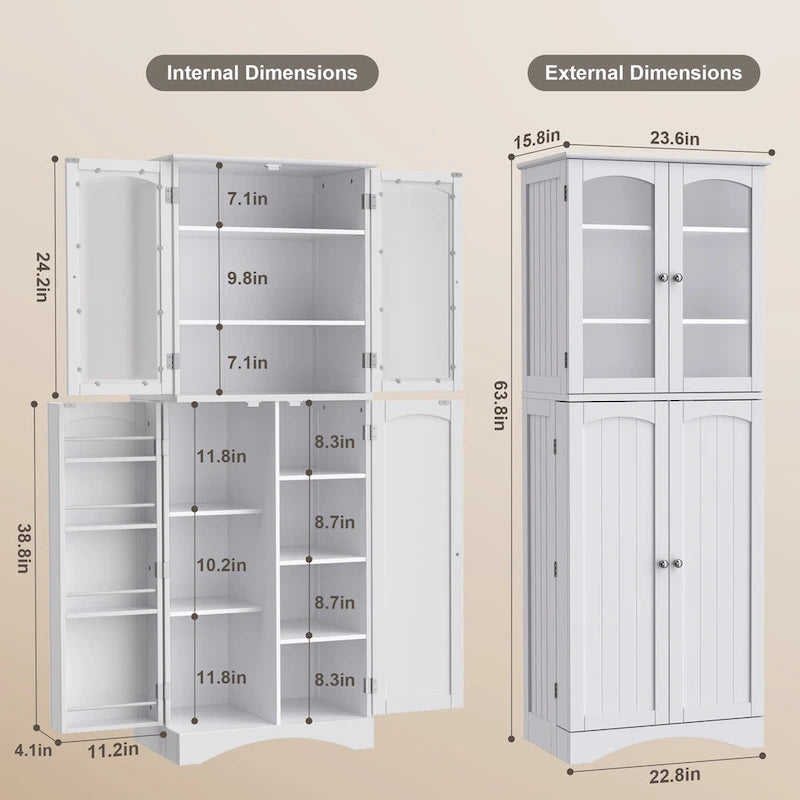 64-Inch Kitchen Storage Pantry Cabinet with Adjustable Shelves and Glass Doors