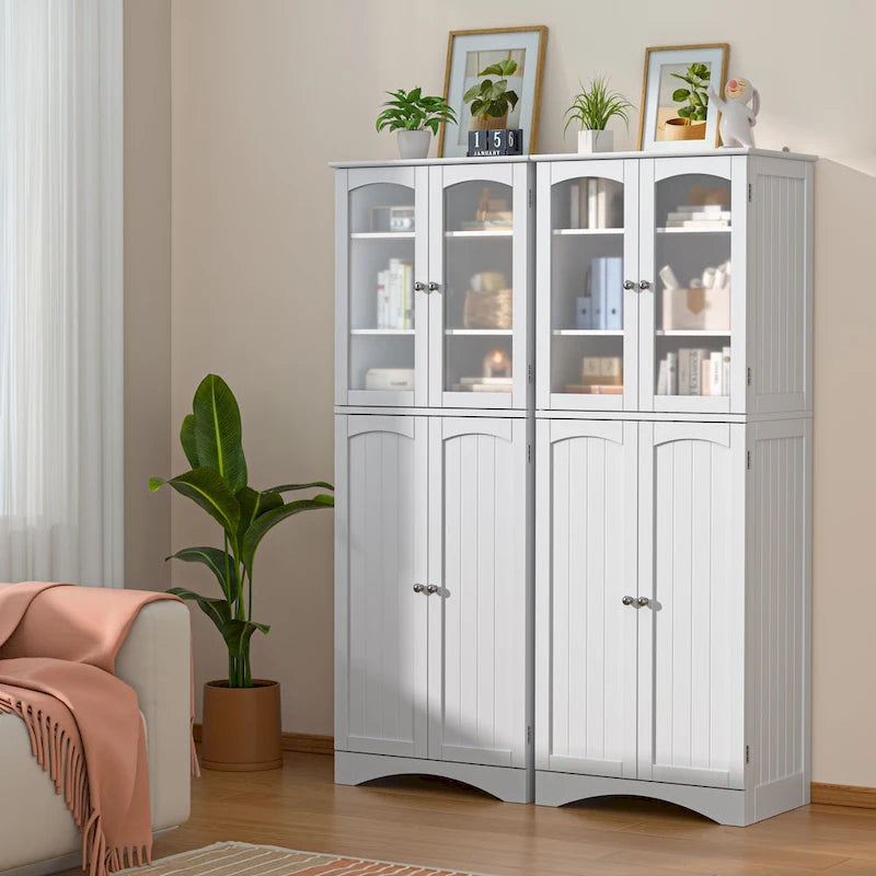 64-Inch Kitchen Storage Pantry Cabinet with Adjustable Shelves and Glass Doors