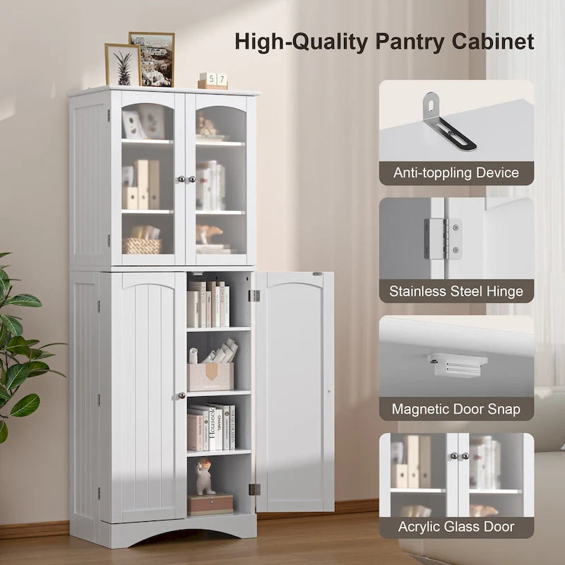 64-Inch Kitchen Storage Pantry Cabinet with Adjustable Shelves and Glass Doors