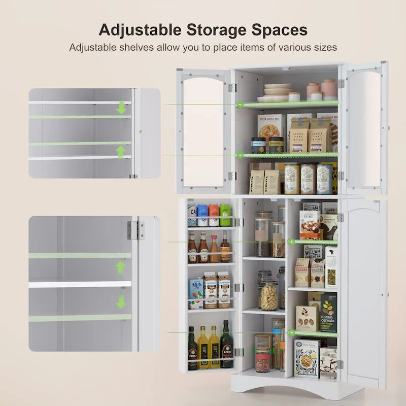 64-Inch Kitchen Storage Pantry Cabinet with Adjustable Shelves and Glass Doors