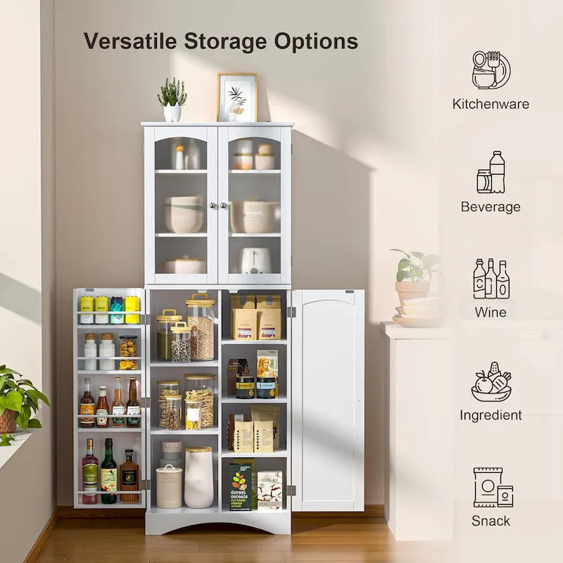 64-Inch Kitchen Storage Pantry Cabinet with Adjustable Shelves and Glass Doors