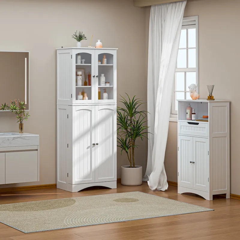 64-Inch Kitchen Storage Pantry Cabinet with Adjustable Shelves and Glass Doors