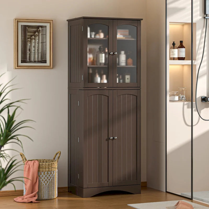 64-Inch Kitchen Storage Pantry Cabinet with Adjustable Shelves and Glass Doors