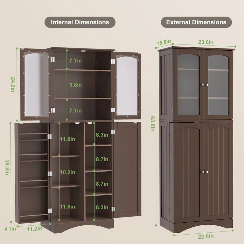 64-Inch Kitchen Storage Pantry Cabinet with Adjustable Shelves and Glass Doors