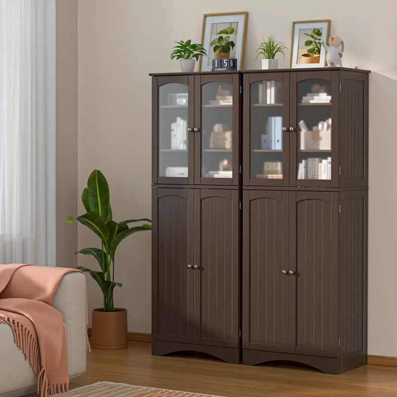 64-Inch Kitchen Storage Pantry Cabinet with Adjustable Shelves and Glass Doors