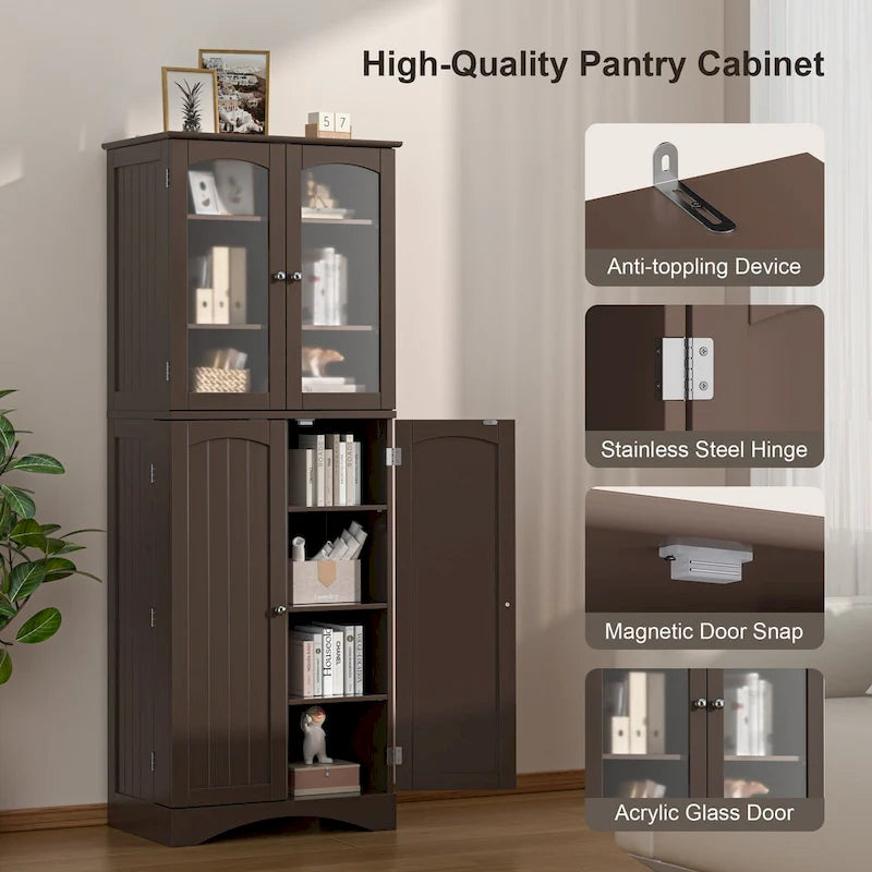 64-Inch Kitchen Storage Pantry Cabinet with Adjustable Shelves and Glass Doors