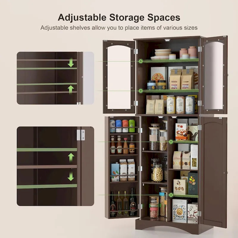 64-Inch Kitchen Storage Pantry Cabinet with Adjustable Shelves and Glass Doors