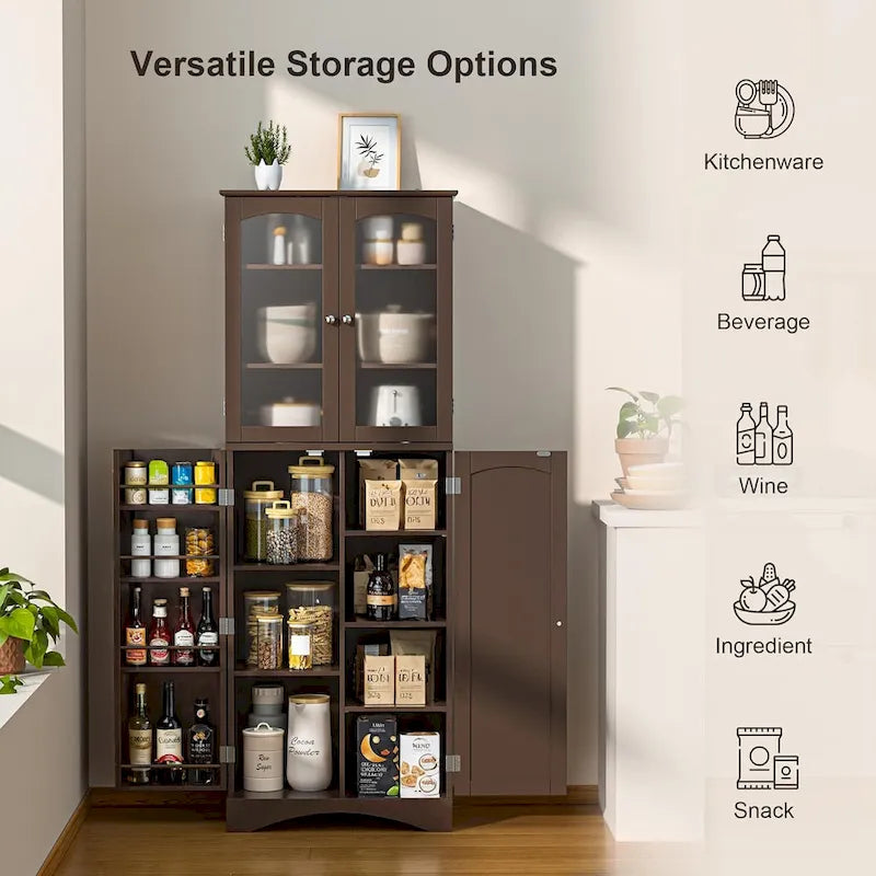 64-Inch Kitchen Storage Pantry Cabinet with Adjustable Shelves and Glass Doors