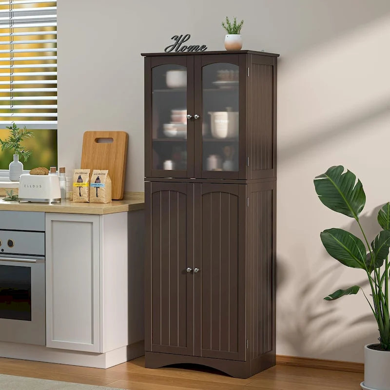 64-Inch Kitchen Storage Pantry Cabinet with Adjustable Shelves and Glass Doors