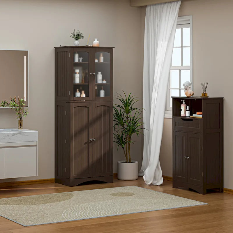 64-Inch Kitchen Storage Pantry Cabinet with Adjustable Shelves and Glass Doors