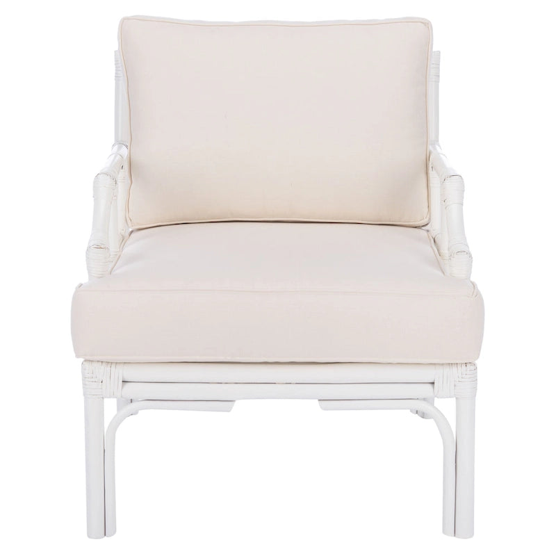 Rattan Accent Chair with White Cushion, Bamboo Frame - 28W x 32D x 32H