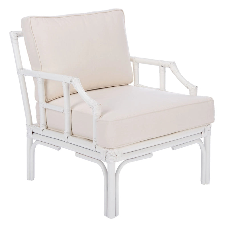 Rattan Accent Chair with White Cushion, Bamboo Frame - 28W x 32D x 32H