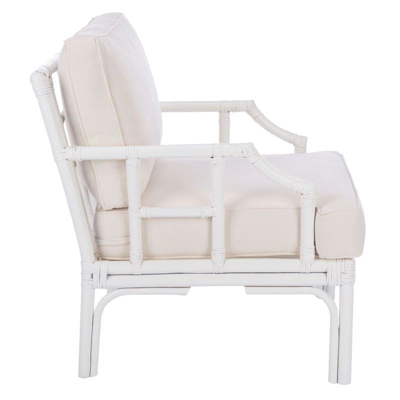 Rattan Accent Chair with White Cushion, Bamboo Frame - 28W x 32D x 32H