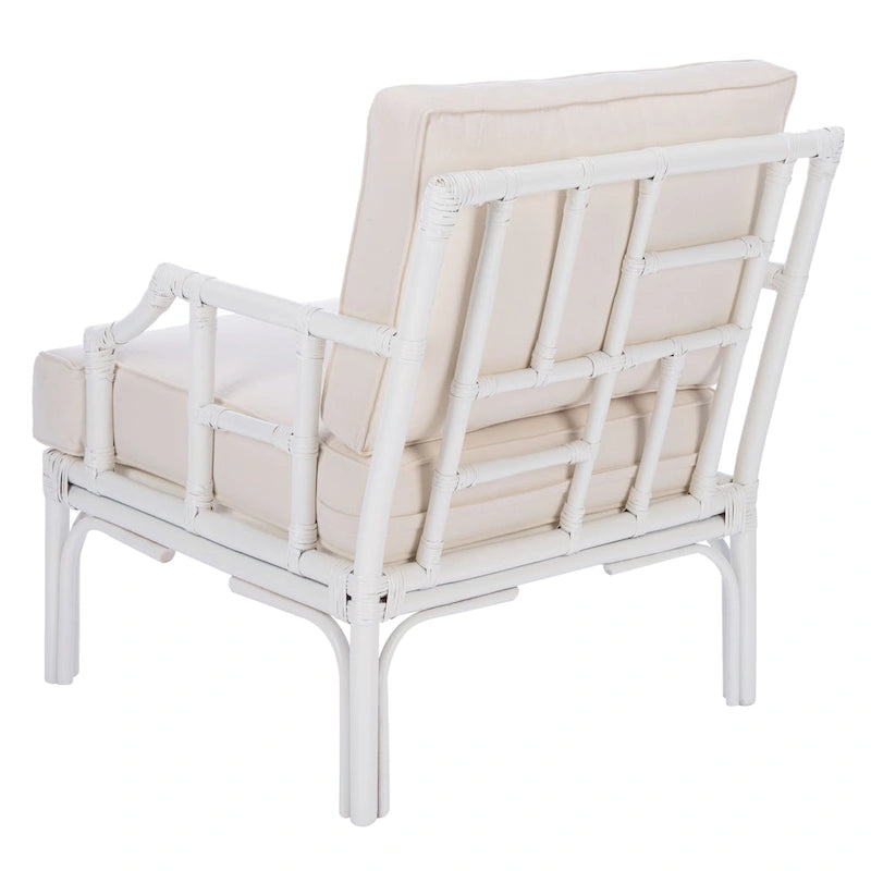Rattan Accent Chair with White Cushion, Bamboo Frame - 28W x 32D x 32H