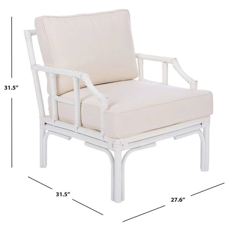 Rattan Accent Chair with White Cushion, Bamboo Frame - 28W x 32D x 32H