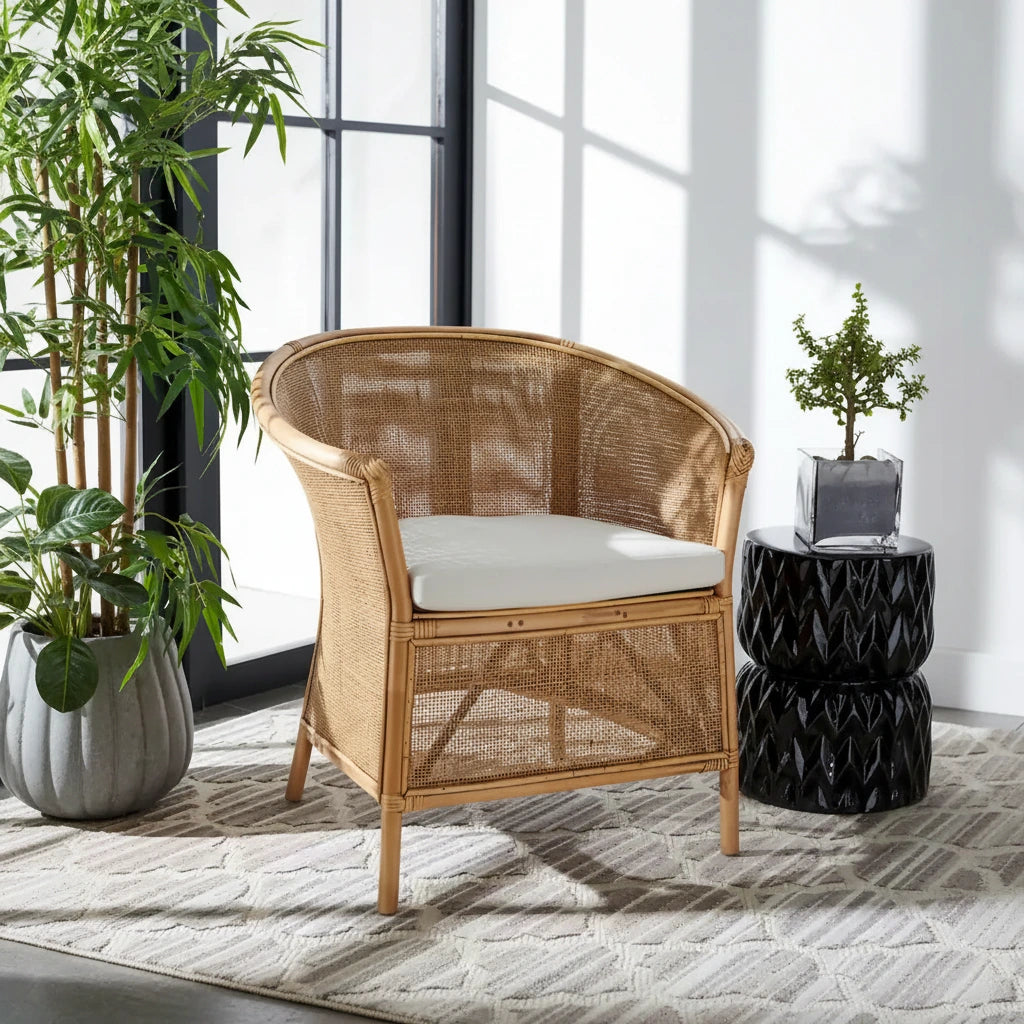 SAFAVIEH Adline Rattan Honey Brown Accent Chair with Cushion - 29.9 W x 25.6 L x 31.5 H - 30Wx26Dx32H