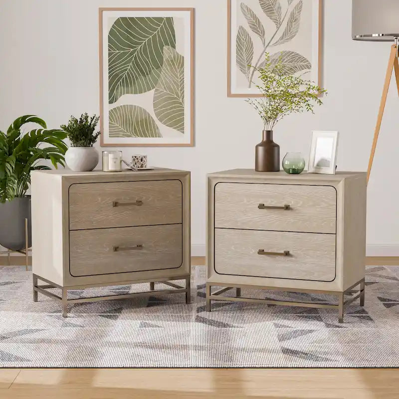 Solid Wood 2-Drawer Nightstand with Gold Legs and Cedar Base, Set of 2