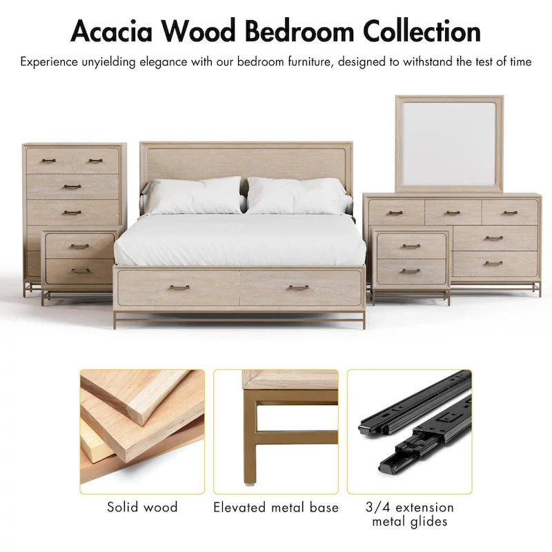 Solid Wood 2-Drawer Nightstand with Gold Legs and Cedar Base, Set of 2