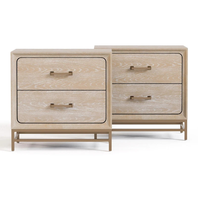 Solid Wood 2-Drawer Nightstand with Gold Legs and Cedar Base, Set of 2
