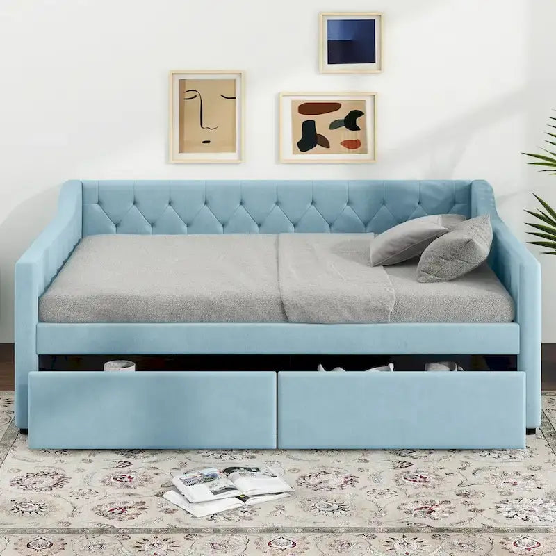 Full Size Velvet Tufted Daybed with 2 Storage Drawers and Trundle
