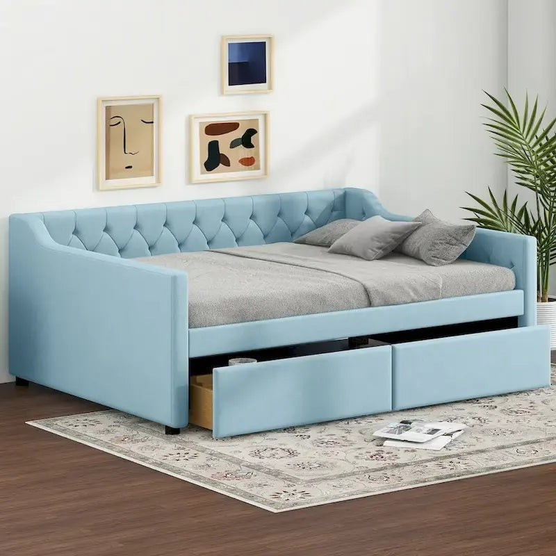 Full Size Velvet Tufted Daybed with 2 Storage Drawers and Trundle