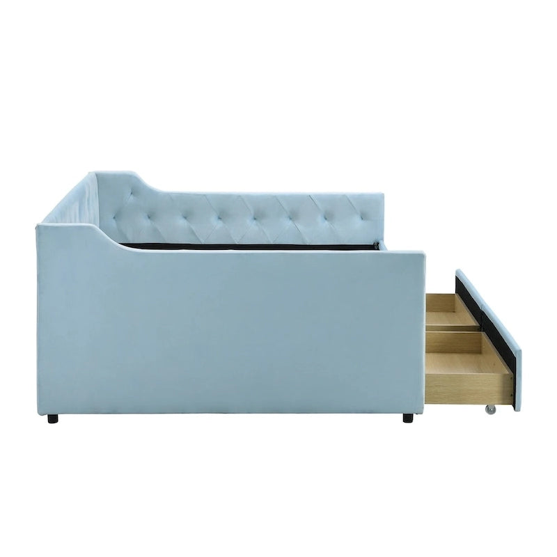 Full Size Velvet Tufted Daybed with 2 Storage Drawers and Trundle