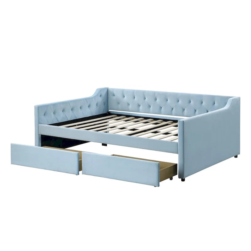 Full Size Velvet Tufted Daybed with 2 Storage Drawers and Trundle