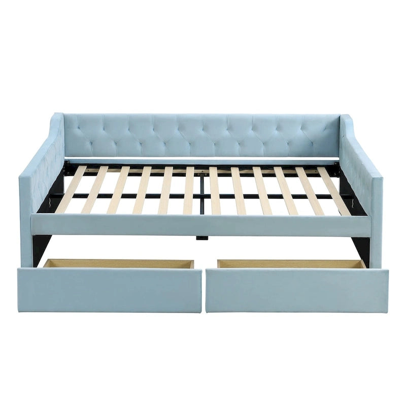 Full Size Velvet Tufted Daybed with 2 Storage Drawers and Trundle