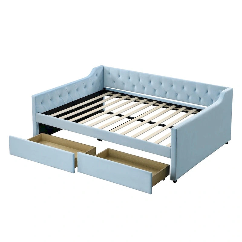 Full Size Velvet Tufted Daybed with 2 Storage Drawers and Trundle