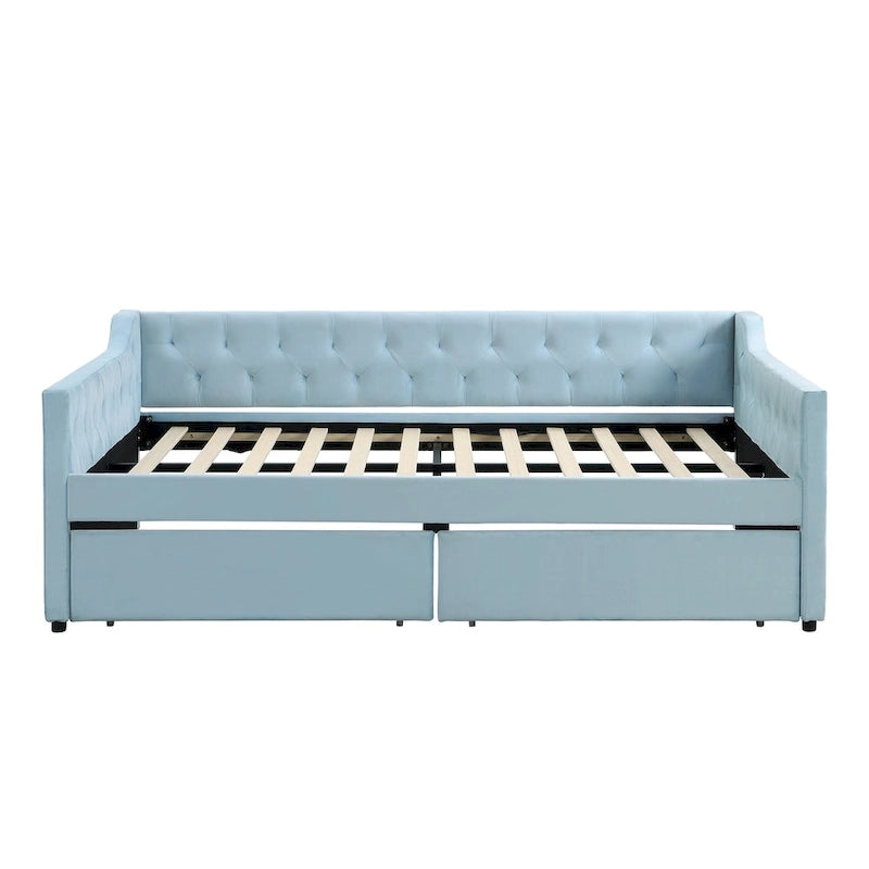 Full Size Velvet Tufted Daybed with 2 Storage Drawers and Trundle